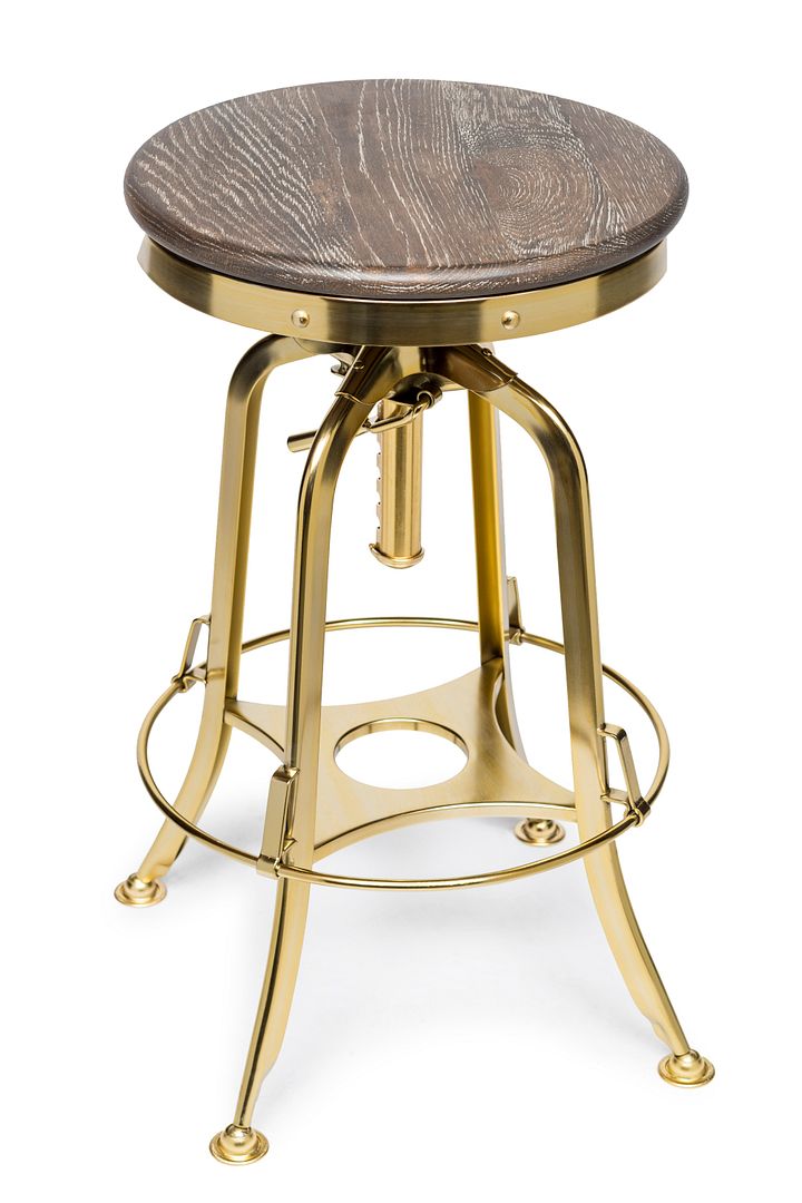 Industrial Height Adjustable Swivel Bar Stool with Oak Wood Top - Gold Finish - Cosy Abode