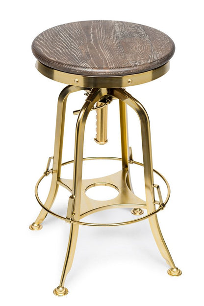 Industrial Height Adjustable Swivel Bar Stool with Oak Wood Top - Gold Finish - Cosy Abode