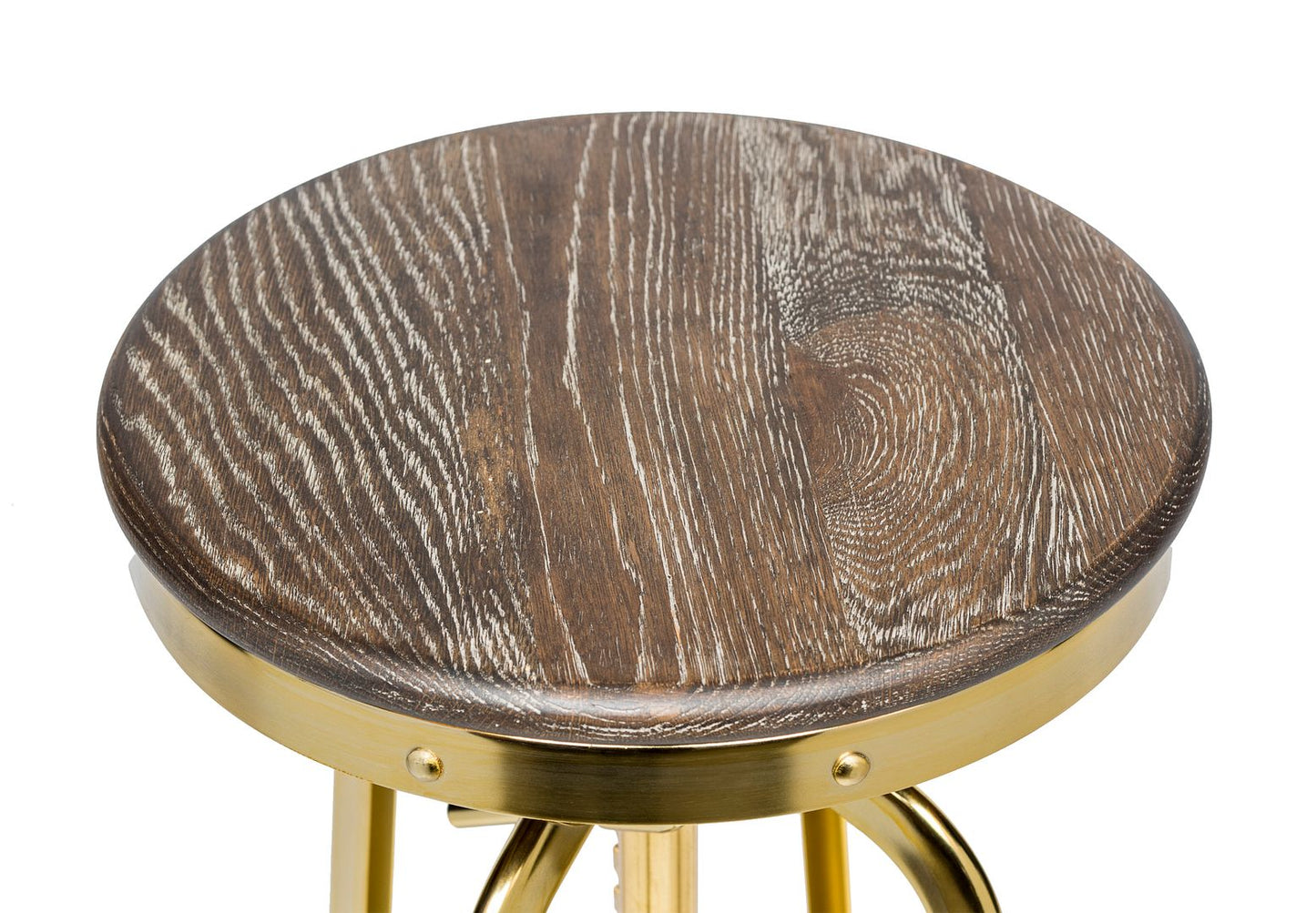 Industrial Height Adjustable Swivel Bar Stool with Oak Wood Top - Gold Finish - Cosy Abode