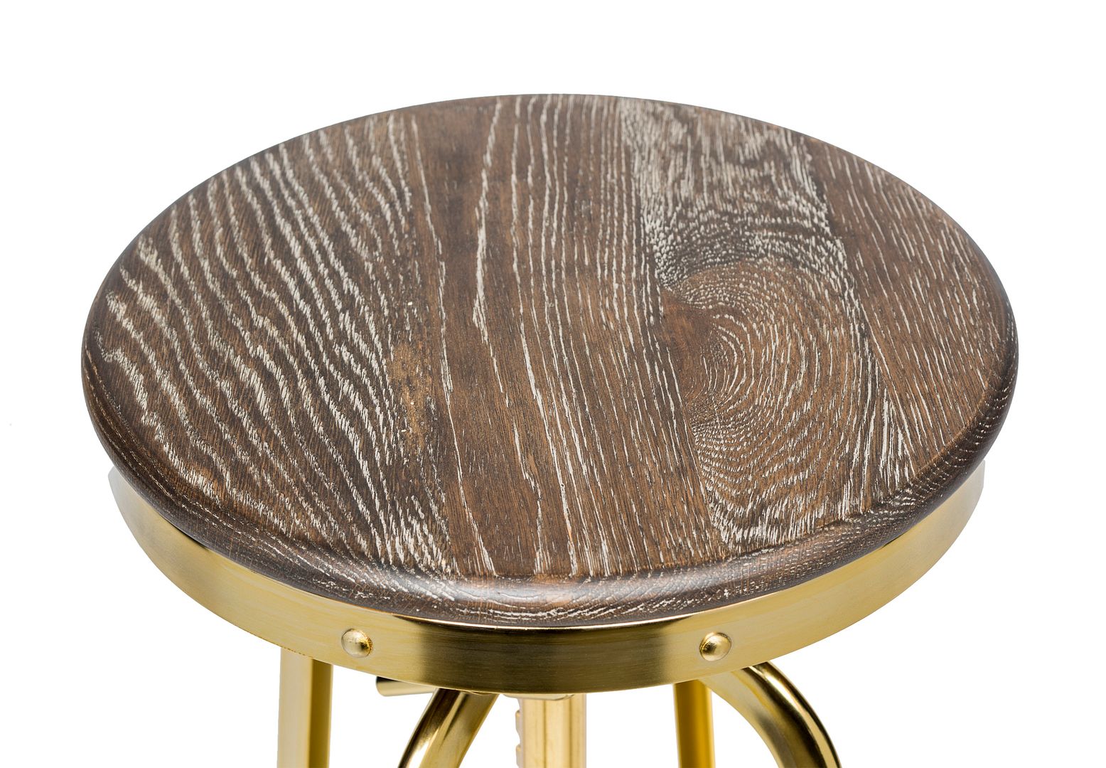 Industrial Height Adjustable Swivel Bar Stool with Oak Wood Top - Gold Finish - Cosy Abode