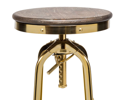 Industrial Height Adjustable Swivel Bar Stool with Oak Wood Top - Gold Finish - Cosy Abode