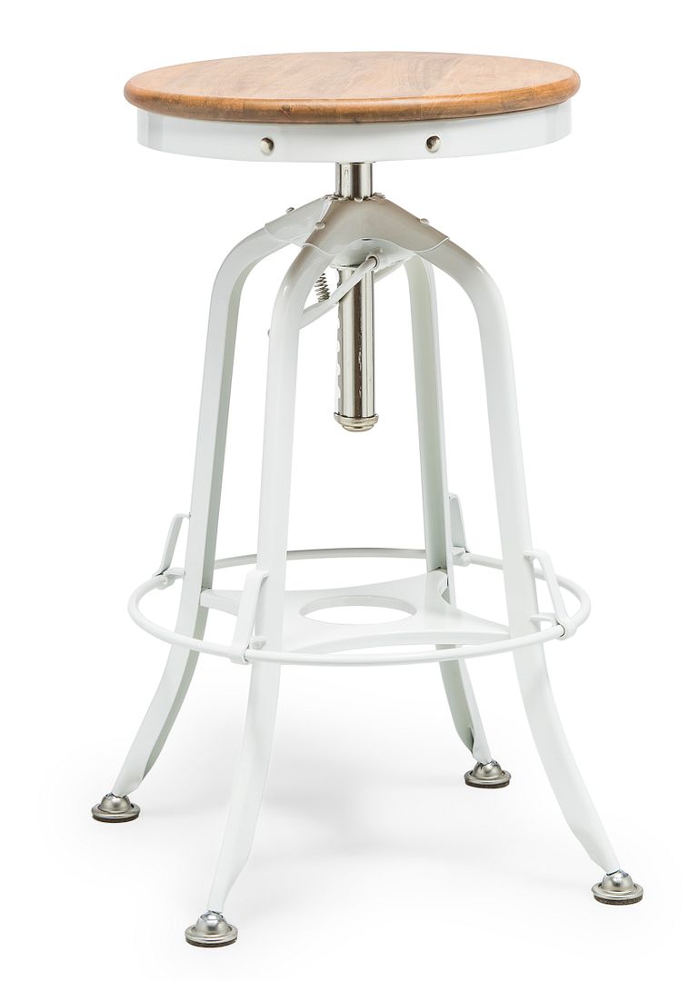 White Bar Stool Hamptons Style Height Adjustable and Swivel with Natural Wood Top - Cosy Abode