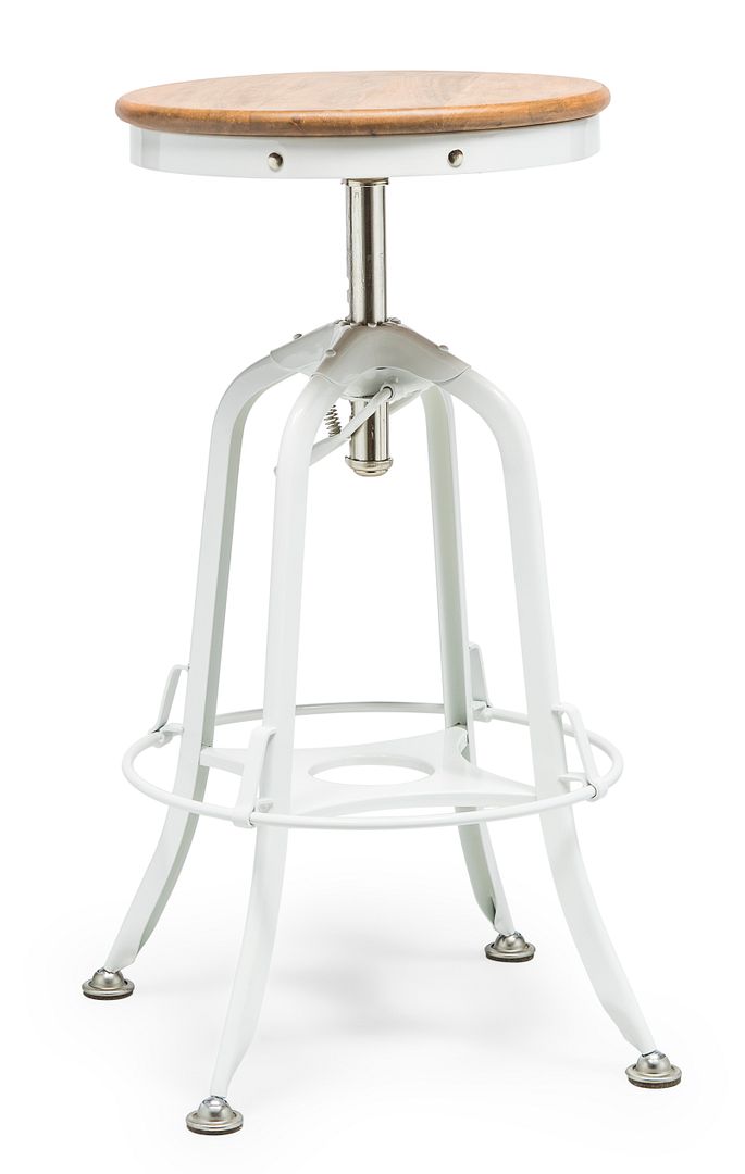 White Bar Stool Hamptons Style Height Adjustable and Swivel with Natural Wood Top - Cosy Abode