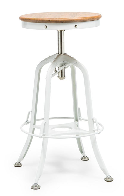 White Bar Stool Hamptons Style Height Adjustable and Swivel with Natural Wood Top - Cosy Abode