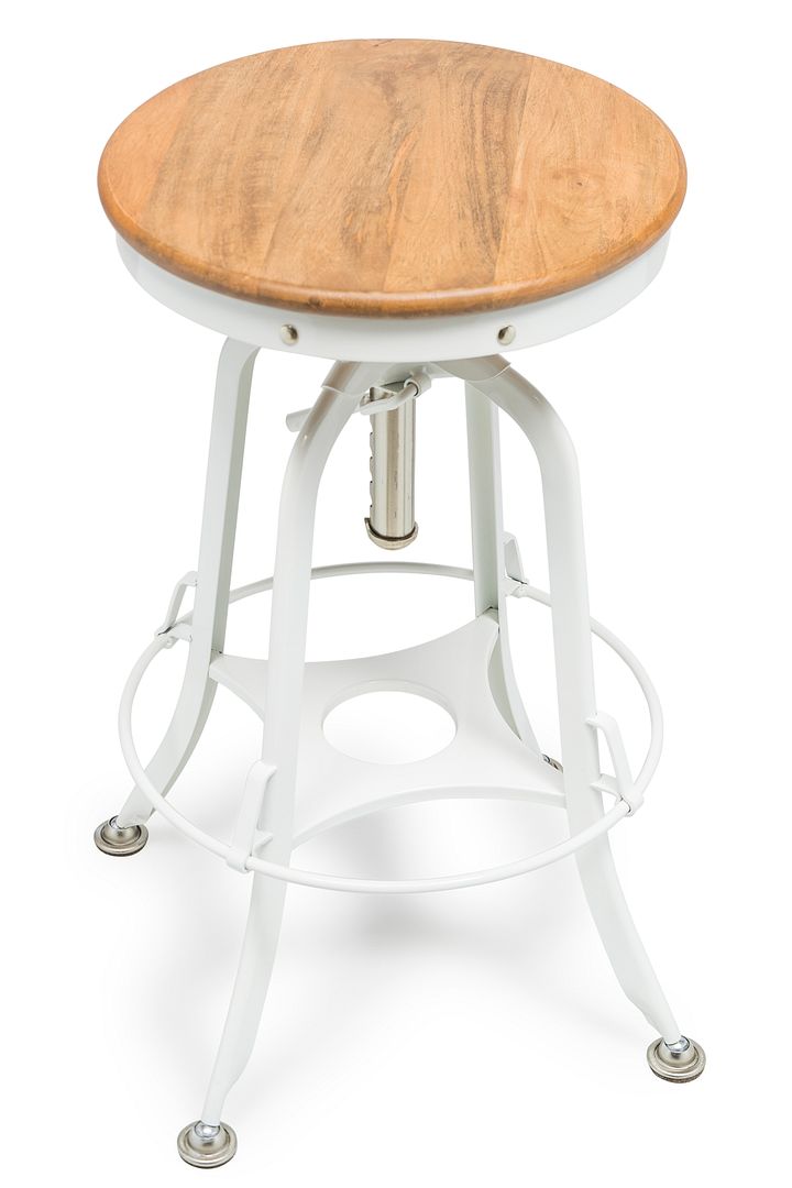 White Bar Stool Hamptons Style Height Adjustable and Swivel with Natural Wood Top - Cosy Abode