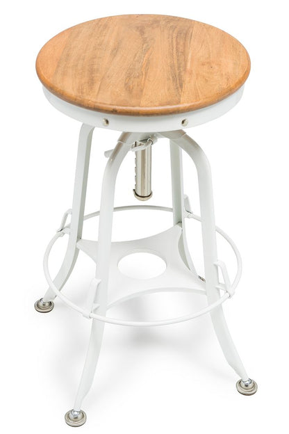 White Bar Stool Hamptons Style Height Adjustable and Swivel with Natural Wood Top - Cosy Abode