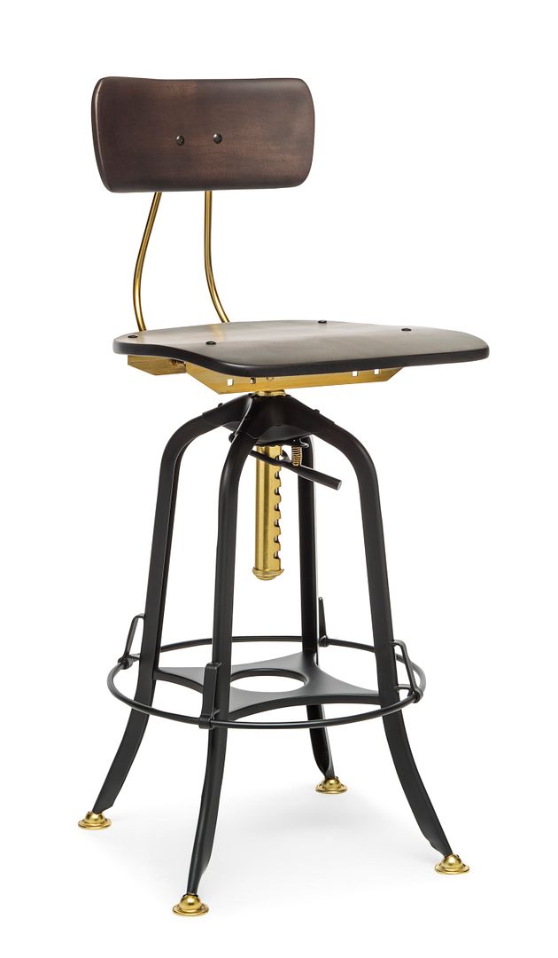 Industrial Wooden Height Adjustable Swivel Bar Stool Chair with Back - Gold Black - Cosy Abode