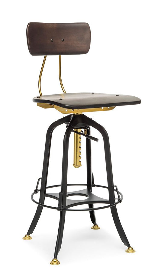 Industrial Wooden Height Adjustable Swivel Bar Stool Chair with Back - Gold Black - Cosy Abode