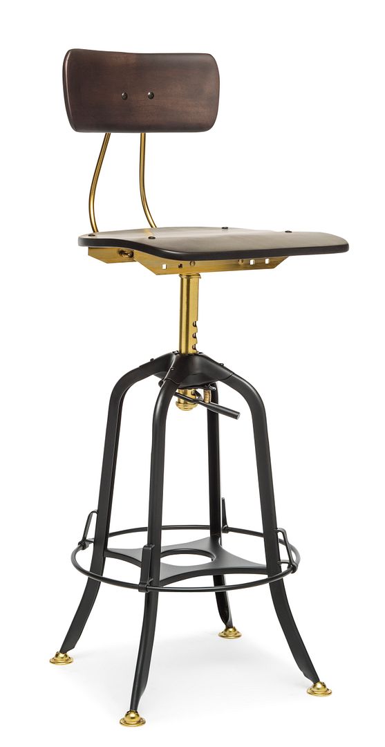 Industrial Wooden Height Adjustable Swivel Bar Stool Chair with Back - Gold Black - Cosy Abode