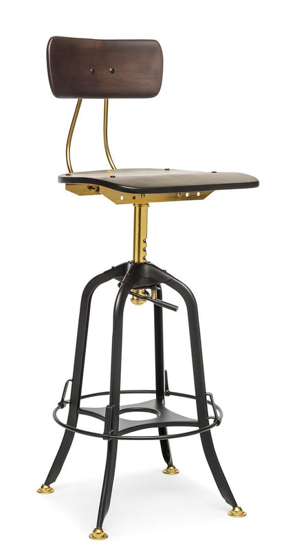 Industrial Wooden Height Adjustable Swivel Bar Stool Chair with Back - Gold Black - Cosy Abode