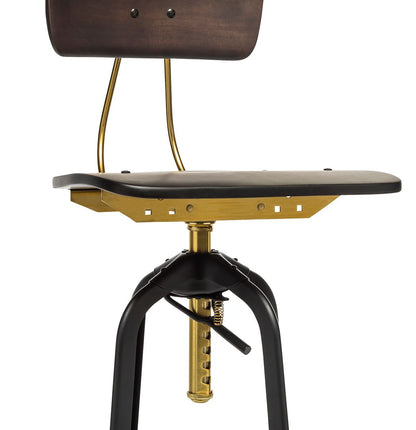 Industrial Wooden Height Adjustable Swivel Bar Stool Chair with Back - Gold Black - Cosy Abode