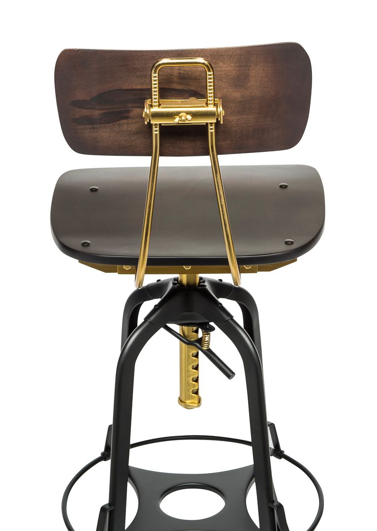 Industrial Wooden Height Adjustable Swivel Bar Stool Chair with Back - Gold Black - Cosy Abode