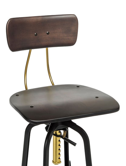 Industrial Wooden Height Adjustable Swivel Bar Stool Chair with Back - Gold Black - Cosy Abode
