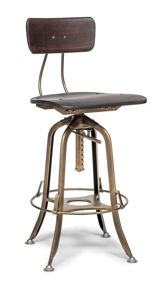 Industrial Wooden Height Adjustable Swivel Bar Stool Chair with Back - Dark French Brass - Cosy Abode