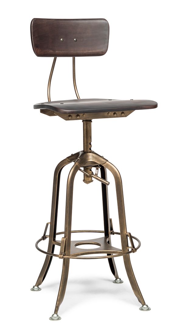 Industrial Wooden Height Adjustable Swivel Bar Stool Chair with Back - Dark French Brass - Cosy Abode