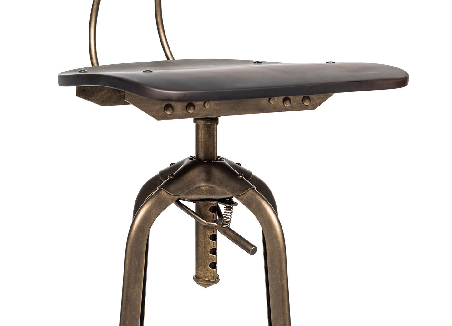 Industrial Wooden Height Adjustable Swivel Bar Stool Chair with Back - Dark French Brass - Cosy Abode