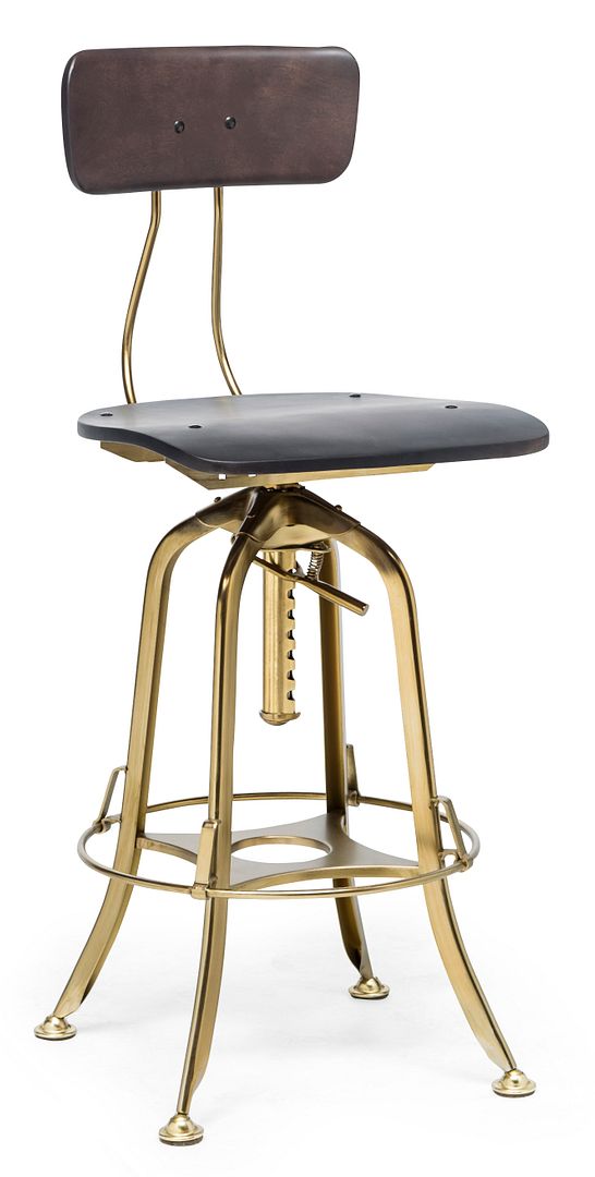 Industrial Wooden Height Adjustable Swivel Black Gold Bar Stool Chair with Back - Cosy Abode