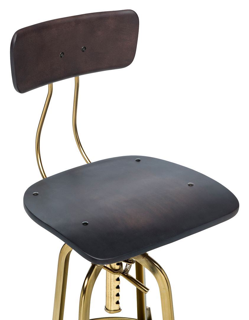 Industrial Wooden Height Adjustable Swivel Black Gold Bar Stool Chair with Back - Cosy Abode