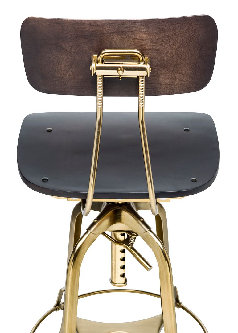 Industrial Wooden Height Adjustable Swivel Black Gold Bar Stool Chair with Back - Cosy Abode