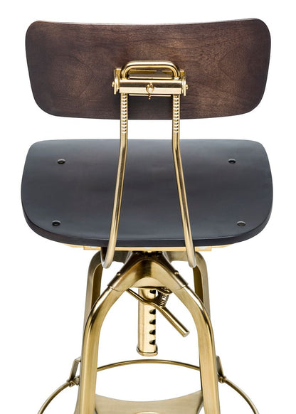 Industrial Wooden Height Adjustable Swivel Black Gold Bar Stool Chair with Back - Cosy Abode