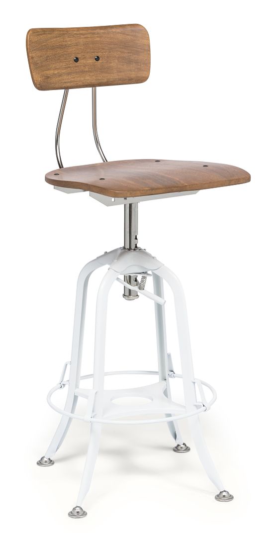 Hamptons Style White Bar Stool Chair Height Adjustable and Swivel with Natural Wood Top - Cosy Abode