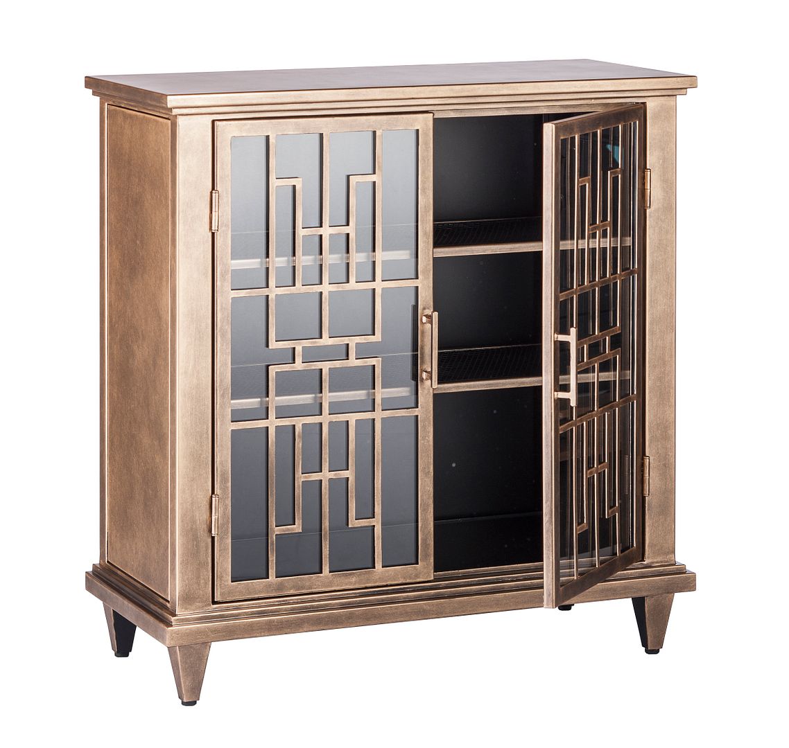 Iron Glass Buffet Sideboard Cabinet with 3 Level Storage in Brass Finish - Cosy Abode