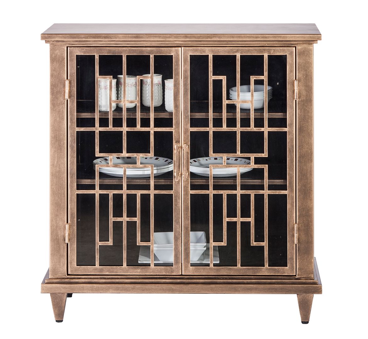 Iron Glass Buffet Sideboard Cabinet with 3 Level Storage in Brass Finish - Cosy Abode