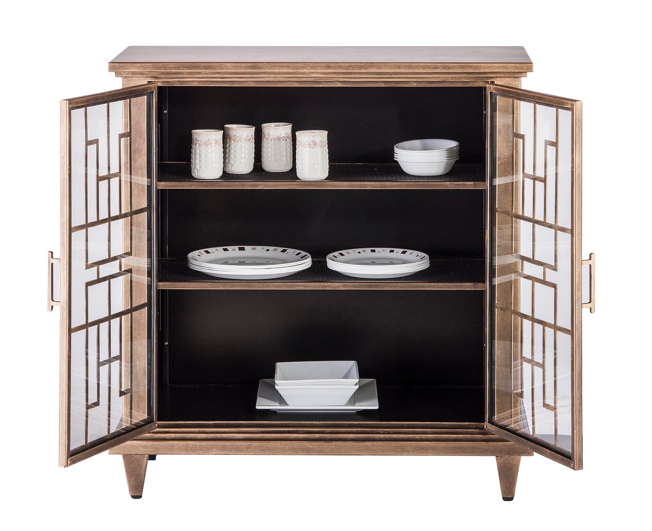 Iron Glass Buffet Sideboard Cabinet with 3 Level Storage in Brass Finish - Cosy Abode