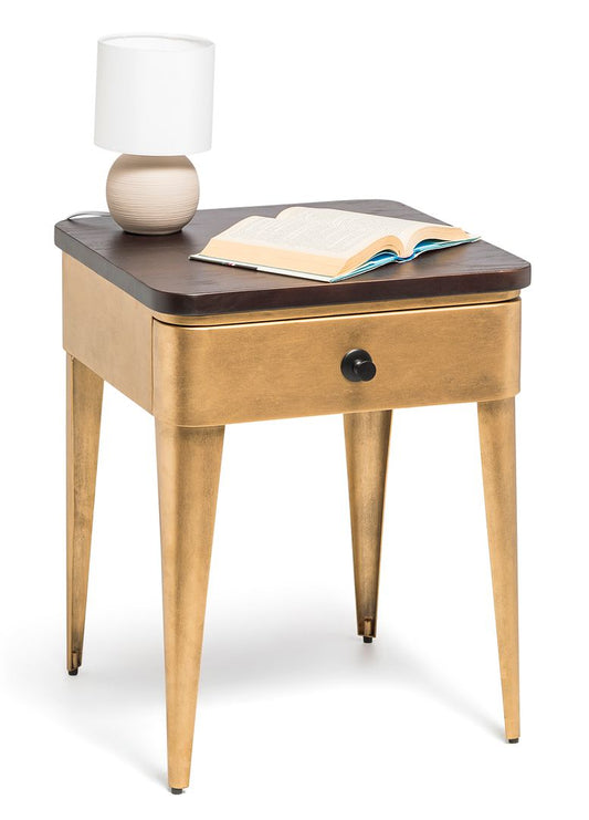 Modern Bedside Table in Brass Finish with Storage Drawer and Wood Top - Cosy Abode