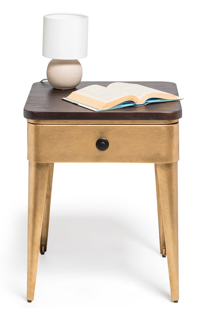 Modern Bedside Table in Brass Finish with Storage Drawer and Wood Top - Cosy Abode