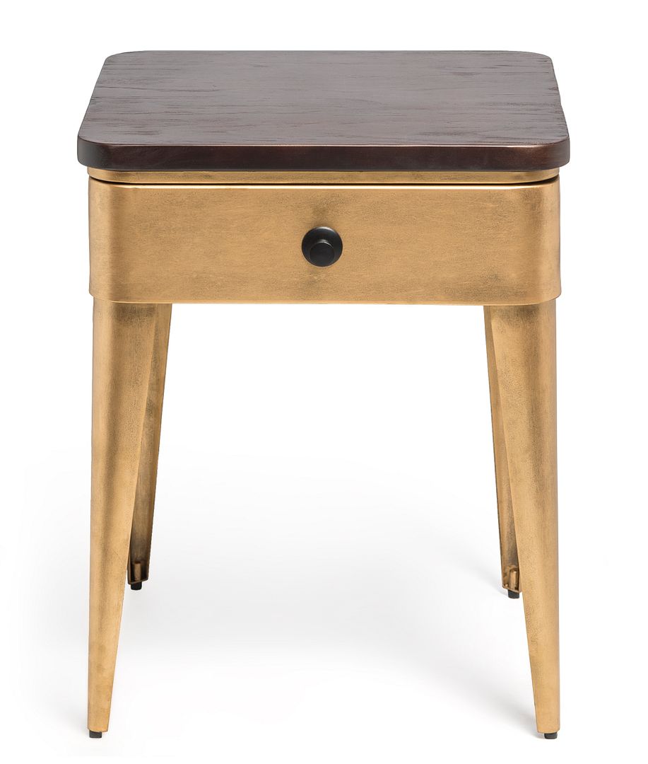 Modern Bedside Table in Brass Finish with Storage Drawer and Wood Top - Cosy Abode