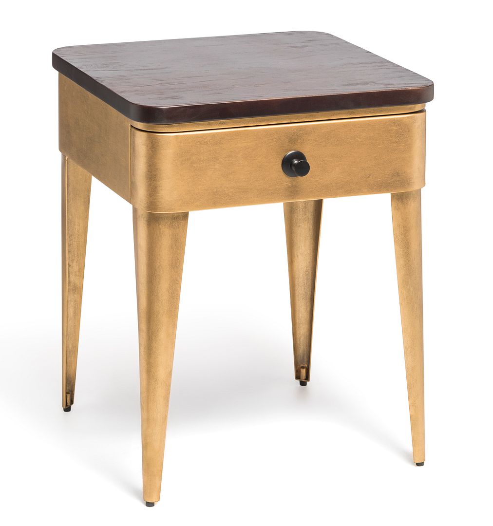 Modern Bedside Table in Brass Finish with Storage Drawer and Wood Top - Cosy Abode