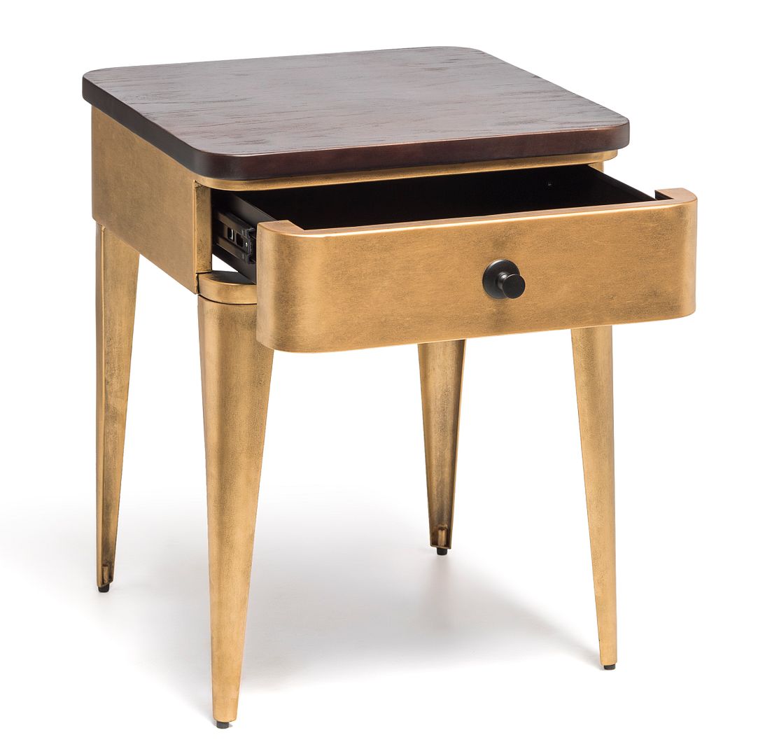 Modern Bedside Table in Brass Finish with Storage Drawer and Wood Top - Cosy Abode