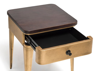 Modern Bedside Table in Brass Finish with Storage Drawer and Wood Top - Cosy Abode