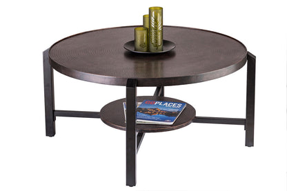 Black Round Coffee Table with Storage Shelf in Copper Finish Top - Cosy Abode