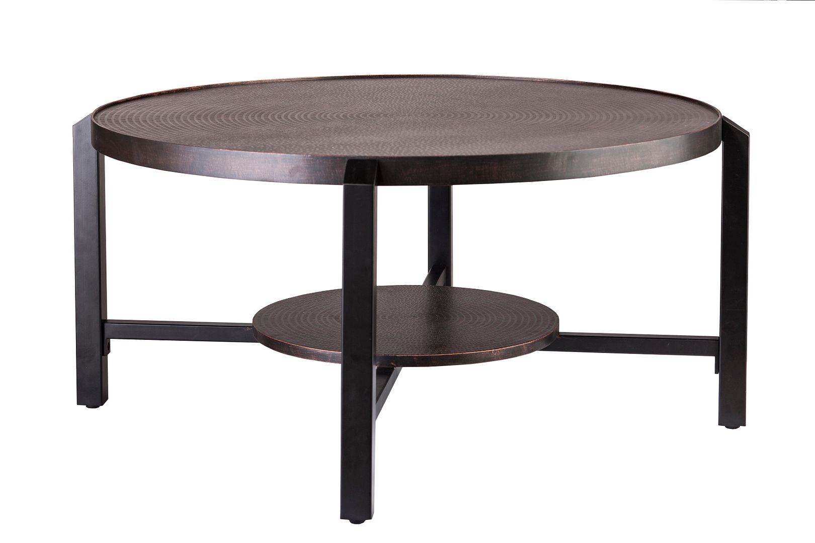 Black Round Coffee Table with Storage Shelf in Copper Finish Top - Cosy Abode