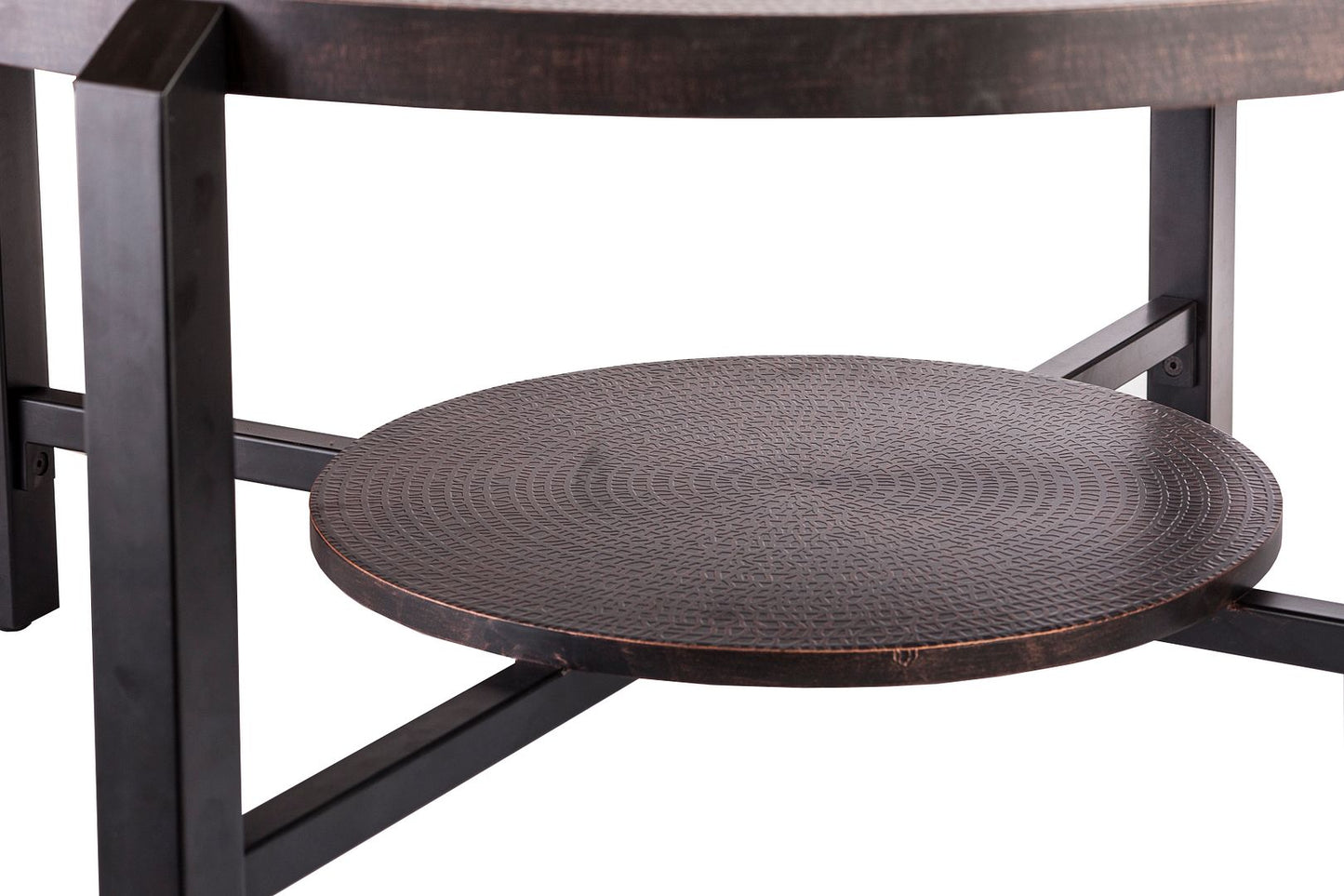 Black Round Coffee Table with Storage Shelf in Copper Finish Top - Cosy Abode