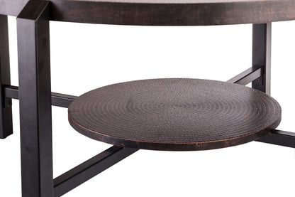 Black Round Coffee Table with Storage Shelf in Copper Finish Top - Cosy Abode