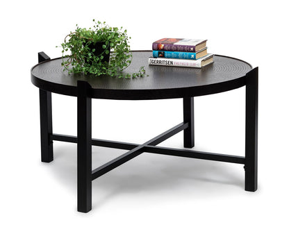 Modern Black Round Coffee Table with Copper Finish Engraved Top - Cosy Abode