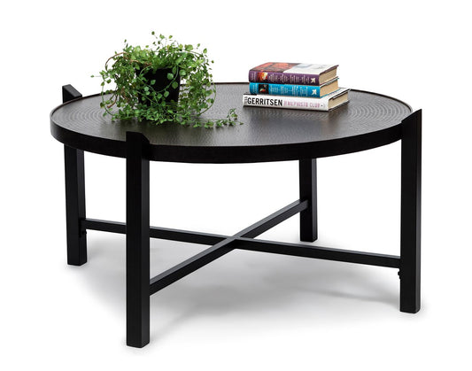 Modern Black Round Coffee Table with Copper Finish Engraved Top - Cosy Abode