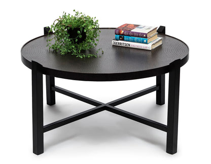 Modern Black Round Coffee Table with Copper Finish Engraved Top - Cosy Abode