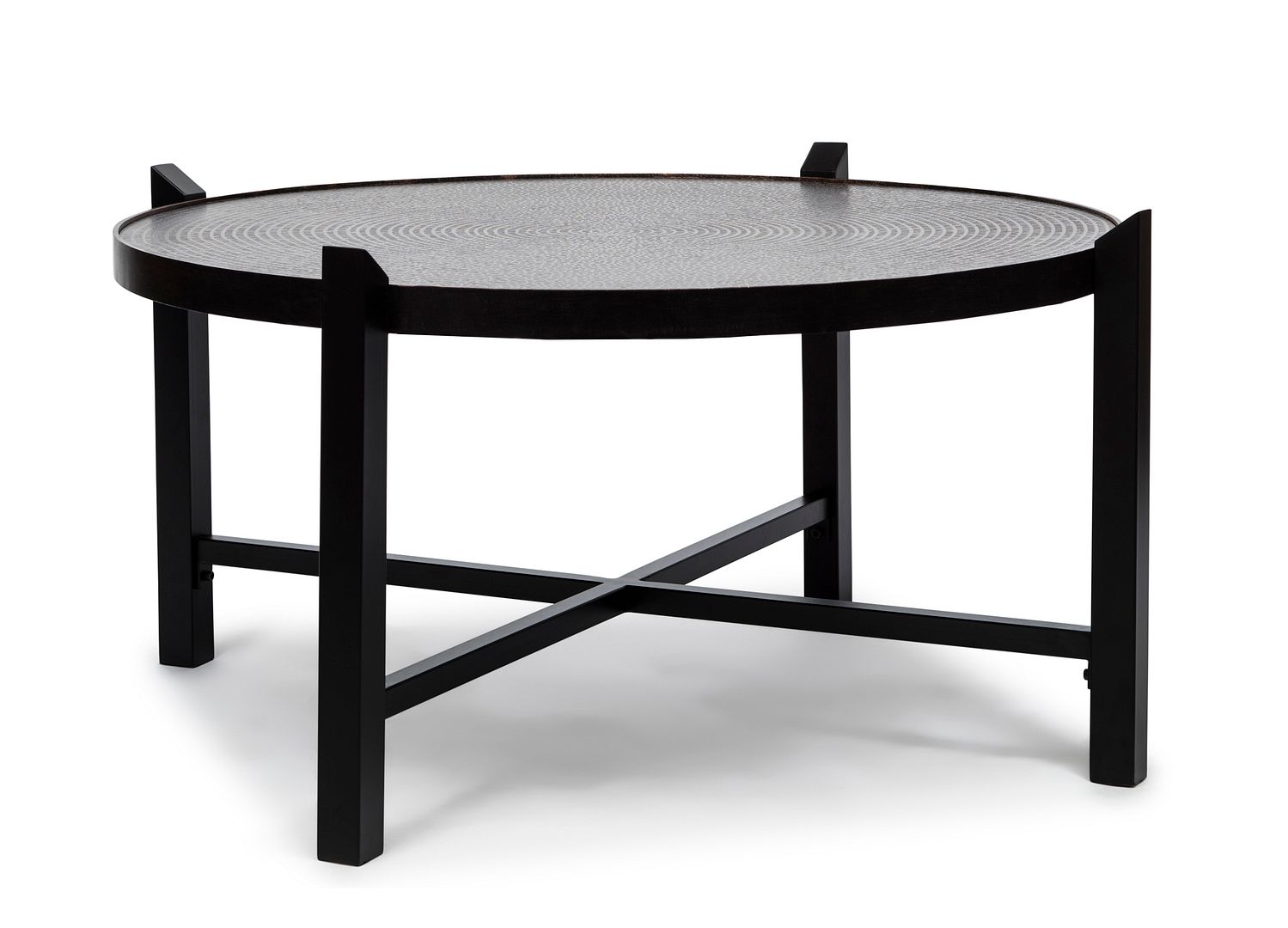 Modern Black Round Coffee Table with Copper Finish Engraved Top - Cosy Abode