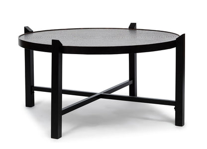 Modern Black Round Coffee Table with Copper Finish Engraved Top - Cosy Abode