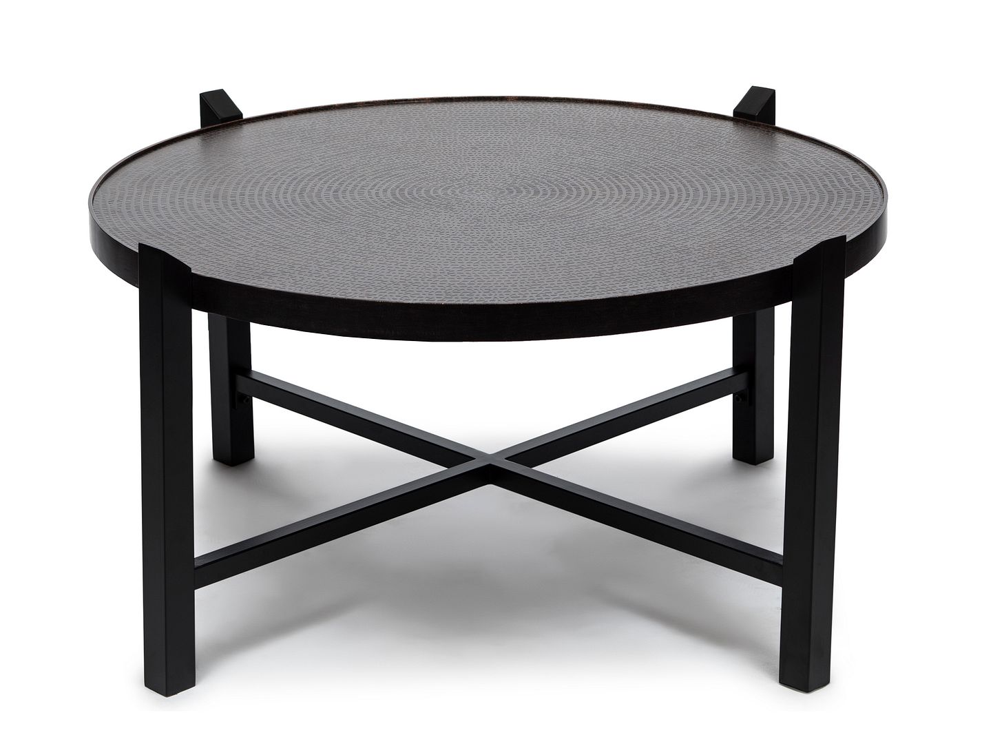 Modern Black Round Coffee Table with Copper Finish Engraved Top - Cosy Abode