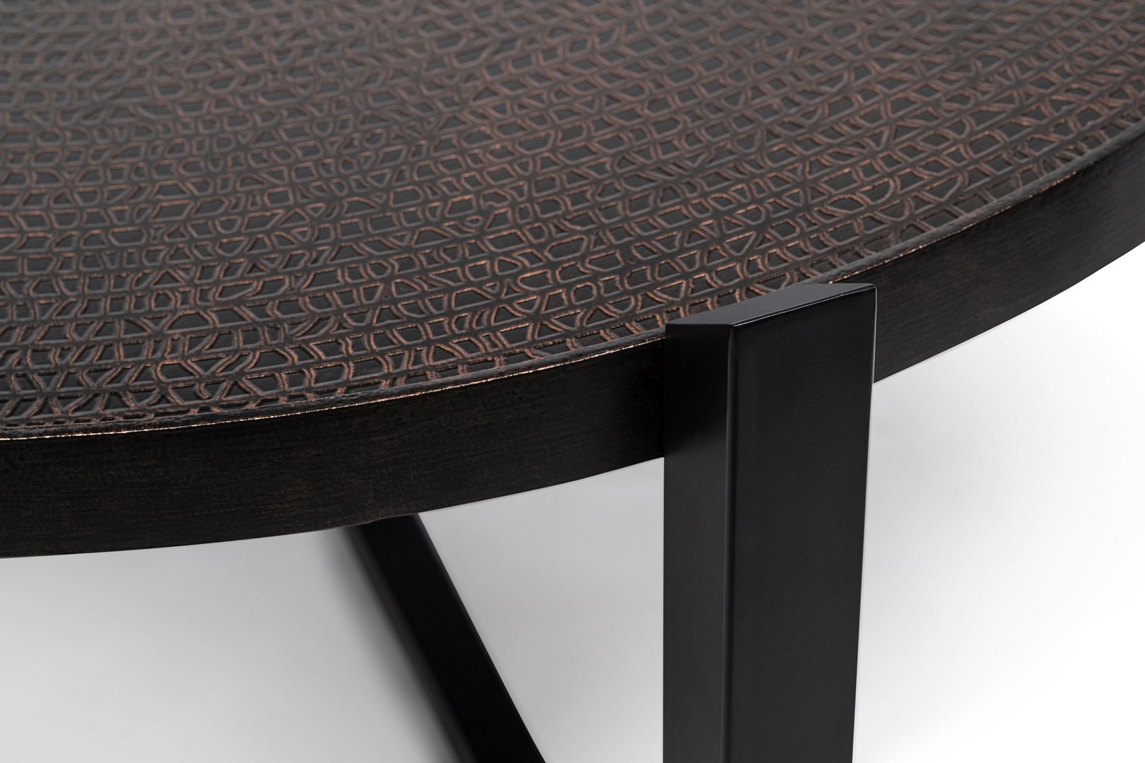 Modern Black Round Coffee Table with Copper Finish Engraved Top - Cosy Abode