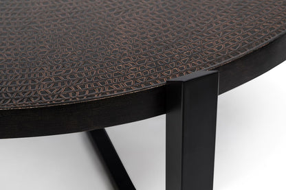 Modern Black Round Coffee Table with Copper Finish Engraved Top - Cosy Abode