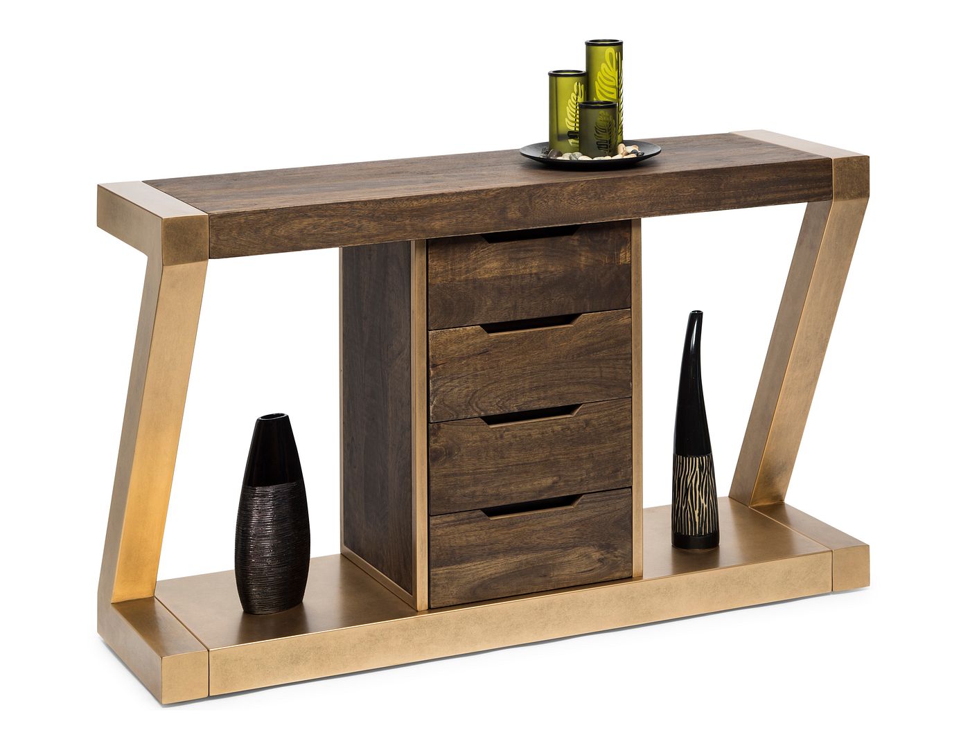 Contemporary Brass Wooden Z-Shaped Hallway Console Table with Drawers - Cosy Abode