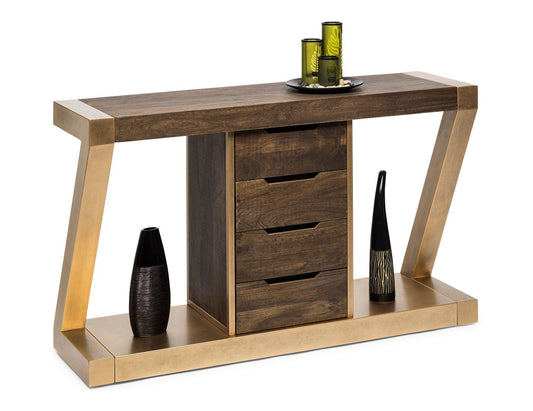 Contemporary Brass Wooden Z-Shaped Hallway Console Table with Drawers - Cosy Abode