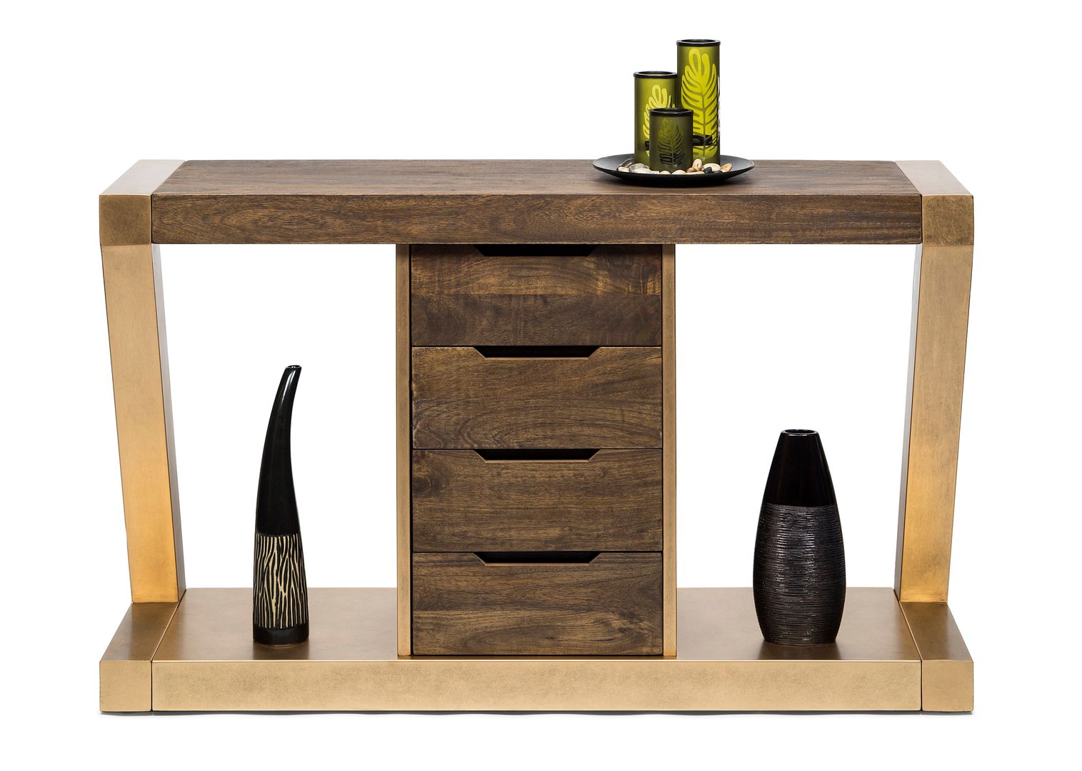 Contemporary Brass Wooden Z-Shaped Hallway Console Table with Drawers - Cosy Abode