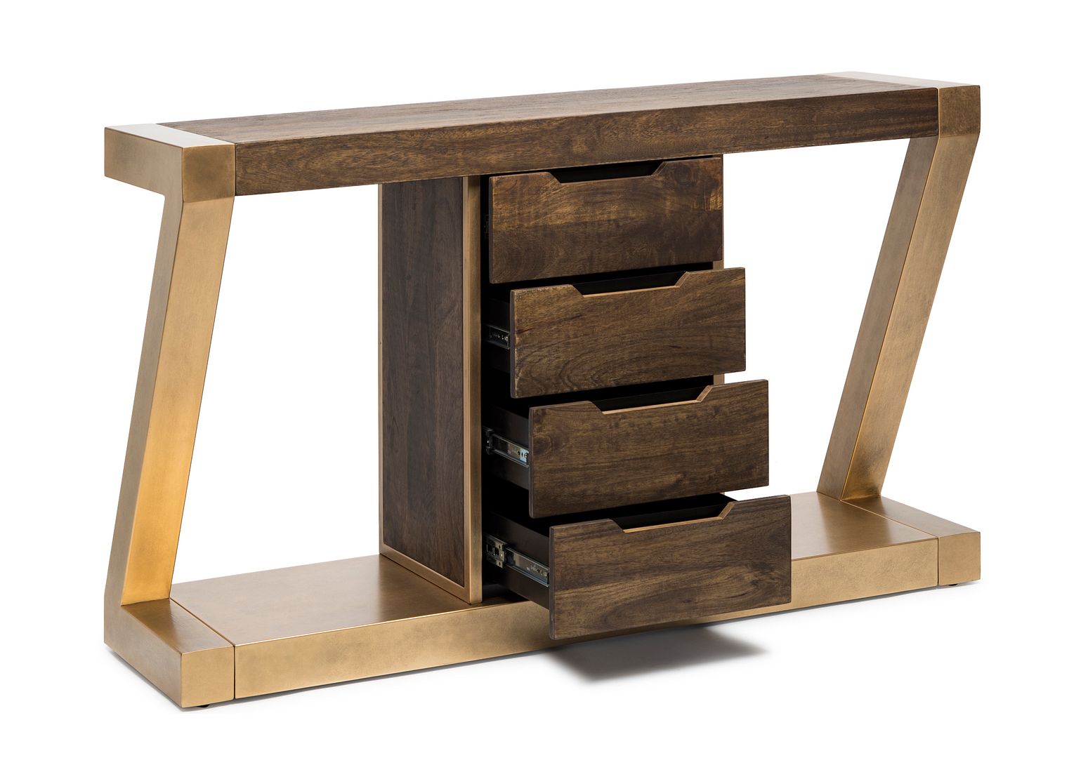 Contemporary Brass Wooden Z-Shaped Hallway Console Table with Drawers - Cosy Abode